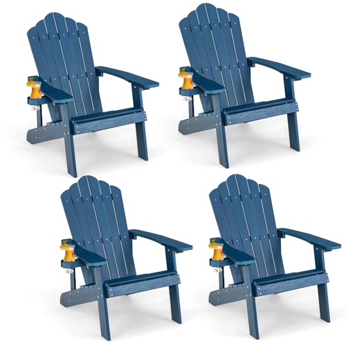 ORALNER Outdoor Adirondack Chair with Cup Holder, Plastic Resin Outdoor Deck Chair, 380 LBS Capacity, for Patio, Backyard, Porch, Balcony, Poolside, Garden, Lawn, Firepit (4, Navy Blue)