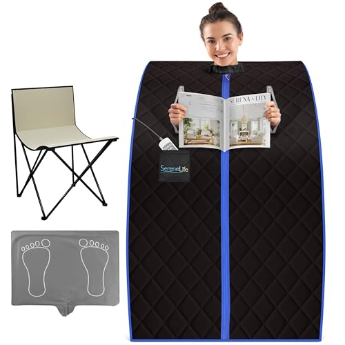 SereneLife Compact & Portable Infrared Steam Sauna, Personal Spa Style Sauna for At-Home Relaxation and Rejuvenation, Easy Access Sit-in Design, Foldable Chair, Energy Efficient, Foot Pad Heating Mat
