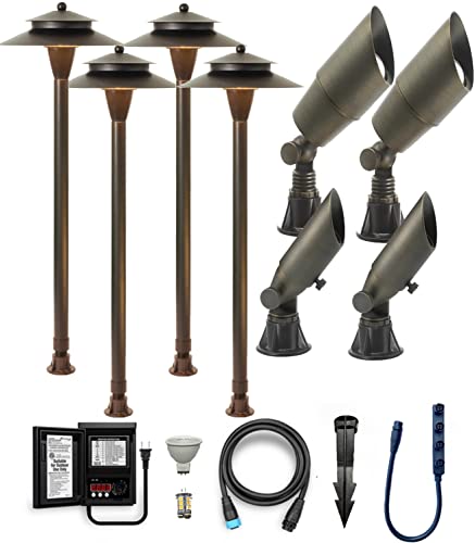 LawnShine Premium Brass Landscape Lighting Kit - 4 Path Lights, 4 Spot Lights with LED Bulbs - Safe & Simple Installation with DIY Plug n~' Play Technology (Midnight Bronze), (LS-LL-4P-4S)