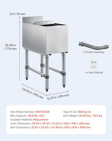 VEVOR Commercial Ice Bin, 39.6 Qt Max Capacity, 12 x 24 x 33 Inch Stainless Steel Ice Chest with Sliding Lid, 24H Long-Lasting Insulation, Cooler Cart Cocktail Unit for Bar Restaurant Pub, NSF