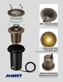 MALORY Low Voltage Landscape Well Lights, (φ99 mm) Brass Housing 10Pack