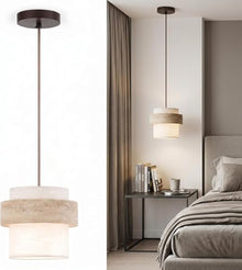 zhongheng Small Pendant Light 7in Japandi Natural Travertine Stone Lampshade, Nordic Lighting Fixture for Kitchen Island Dining Room Bedroom Cafe (Bulb Included)