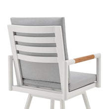 Armen Living Crown Outdoor Patio Swivel Counter Stool in White Aluminum with Wood Accent and Light Gray Cushions