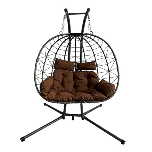 Exoraspaces Double Hanging Egg Chair with Stand – 700 Lbs Heavy Duty Rattan Basket Swing Chair with Removable Cushion, Indoor Outdoor Garden Hammock Chairs for Patio, Backyard, Porch & Bedroom, Brown