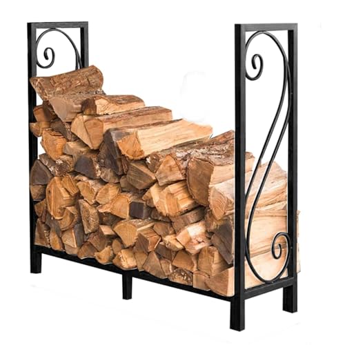 EliteBloom 4Ft Large Wrought Iron Firewood Rack, Outdoor & Indoor Wood Storage Log Holder for Deck, Porch