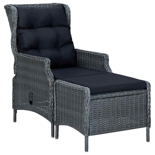 Foknhdi Reclining Garden Chair Dark Grey Round PE Rattan Patio Chairs 43.65 lbs 17.7 x 22.4 x 17.7 in Outdoor Seating with Footstool for Balcony Deck and Garden Use