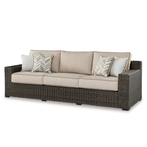 Signature Design by Ashley Coastline Bay Outdoor Patio Sofa, Rust-Free Aluminum Frame, Resin Wicker and Nuvella Fabric, Casual Seating for Sunroom or Deck, Brown and Beige
