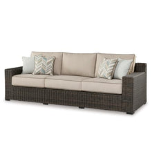 Signature Design by Ashley Coastline Bay Outdoor Patio Sofa, Rust-Free Aluminum Frame, Resin Wicker and Nuvella Fabric, Casual Seating for Sunroom or Deck, Brown and Beige