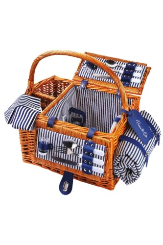 4 Person Handmade Wicker Picnic Basket Set Square Design with 59.1 x 59.1 in water-resistant Blanket - Kahve rengi ve mavi