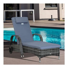 UOPYNE Outdoor Rattan Wicker Recliner Lounger Chair, Patio PE Wicker Chaise Lounge with Wheel, Outdoor Cushioned Wicker Chaise Lounger Adjustable Sun Lounger for Outside Sunbathing Camping Pool Beach
