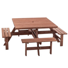 AMZXPLORE Square Picnic Table, 6-8 Person Picnic Table Outdoor Dining Table with Umbrella Hole and 4 Built-in Benches, Waterproof Wooden Dining Tables Set for Garden, Backyard, Porch and Deck