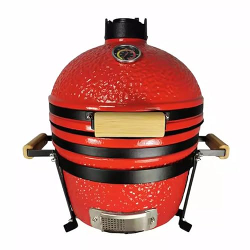 TT-YEL 16" Ceramic Grill, Portable Charcoal Grill with Lid, Thermometer, Handle, Home Outdoor Oven/Smoker, Compact Freestanding Grill for Camping and Gardening,Red