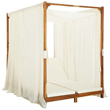 Xolmizyn Double Sun Lounger with Canopy and Curtains, Solid Acacia Wood Outdoor Daybed for Garden Patio, Adjustable Headrest Foldable 2-Person Lounge Chair, Cream White