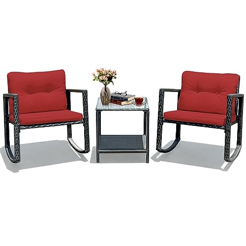 DUYHBAWRS 3PCS Patio Rattan Furniture Set Rocking Chairs Cushioned Sofa Burgundy