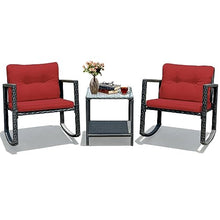 DUYHBAWRS 3PCS Patio Rattan Furniture Set Rocking Chairs Cushioned Sofa Burgundy