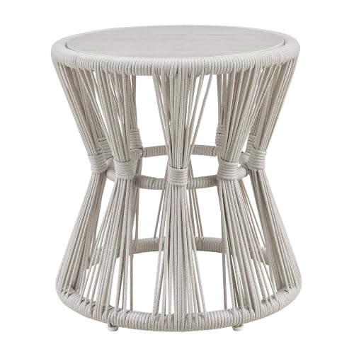 Armen Living Breeze Cream Powder Coated Metal Round Outdoor Side Table with Sintered Stone Table Top