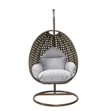 LeisureMod Wicker Rattan Hanging Egg Swing Chair with Stand & Cushion - Light Grey Swing Chair for Indoor/Outdoor, Patio, Bedroom, Lounge Seat