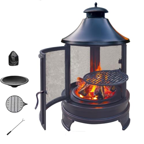 Outdoor Fire Pit & Patio Fireplace & Patio Heater, Heavy-Duty All-Weath Remov. Ash Pan, 360° Sparks Screen, Smoke Deflector, No Smoke Blowback, 2-in-1 Heat & Grill, for Bonfire Patio Garden Camp RV.