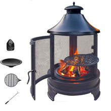 Outdoor Fire Pit & Patio Fireplace & Patio Heater, Heavy-Duty All-Weath Remov. Ash Pan, 360° Sparks Screen, Smoke Deflector, No Smoke Blowback, 2-in-1 Heat & Grill, for Bonfire Patio Garden Camp RV.