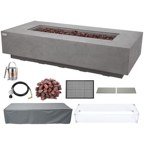 AMS 72" Rectangular Concrete Natural Gas Fire Pit Table Bundle, Light Gray