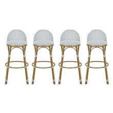 Christopher Knight Home Alura Outdoor French Counter Height Bar Stool Set of 4, Patio Garden PE Rattan Bar Chairs with Footrest+Metal Frame, Wicker Counter Stool for Kitchen Island, White+Black