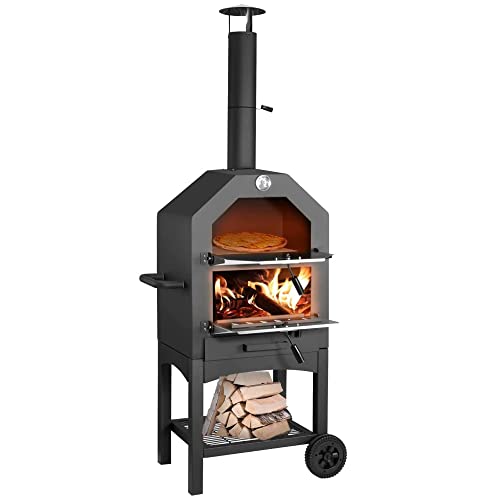 Outdoor Wood Fried Pizza Oven with Wheels & Handle Labor-Saving 2-Layer Portable for Backyard Camping Site Park Outdoor Baking