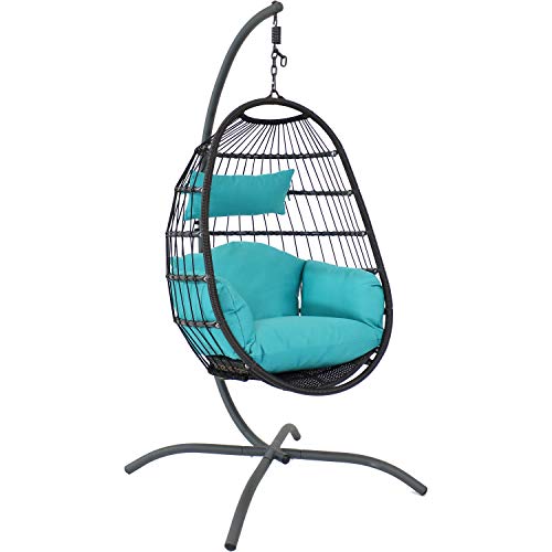 Sunnydaze Penelope Hanging Egg Chair with Turquoise Seat Cushions and Steel Stand - Black Wicker Chair - 78-Inch