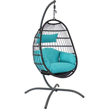 Sunnydaze Penelope Hanging Egg Chair with Turquoise Seat Cushions and Steel Stand - Black Wicker Chair - 78-Inch