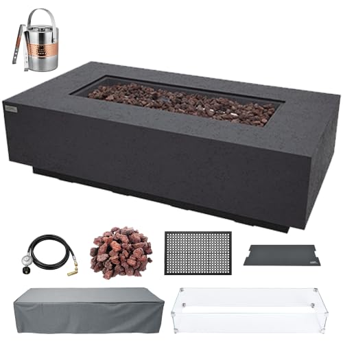 AMS 60" Rectangular Concrete Natural Gas Fire Pit Table Bundle (Dark Gray)