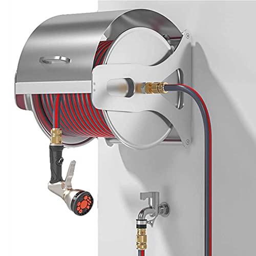 JTYMZYY Wall Mounted Garden Hose Reel, Stainless Steel Garden Hose Reel,Removable Or Wall/Floor Mounted Retractable Garden Hose Storage Holder, for Outside, Garden, Yard Lawn (Rack+30mHose)