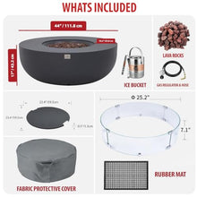 AMS 44" Round Concrete Natural Gas Fire Pit Bowl Table (Dark Gray, Bundle)