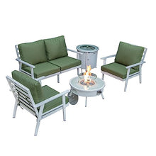 LeisureMod Walbrooke Modern Aluminum 5-Piece Patio Conversation Set with Firepit Table Green
