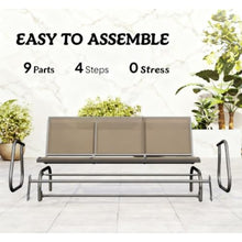 Homyee Sturdy Patio Glider Bench w/Breathable Texteline Fabric Back & Seat for Garden, All Weather Outdoor 3 Seater Glider Chair w/Durable Powder Coated Metal Frame for Porch, Deck, Balcony (Brown)