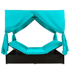 LUMISOL Rattan Outdoor Daybed with Canopy, 2-Person Wicker Patio Sunbed with Adjustable Seats, Blue