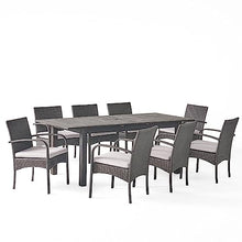 Christopher Knight Home Elmar Outdoor 9 Piece Wood and Wicker Dining Set Sandblasted Dark Gray + Gray