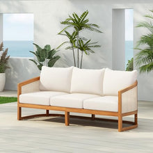 Christopher Knight Home Catania Acacia Wood Outdoor 3 Seater Sofa with Cushions, Wooden Patio Sofa Couch with Cushion, Comfy Garden Cloud Sofa Couch with Textilene Armrest, Teak+ Beige