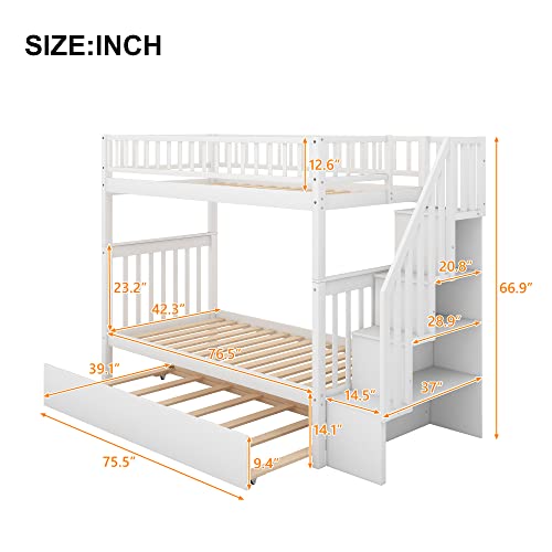 YOPTO Twin-Over-Twin Bunk Bed with Trundle and Storage Shelves White