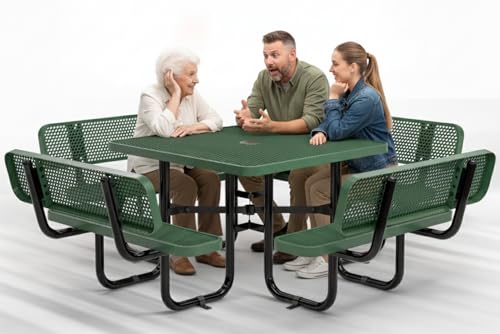 OUTTANS Metal Picnic Table (Green, 46 in Square with Back, Expanded Steel)