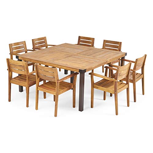 Great Deal Furniture GDFStudio Outdoor 8-Seater Acacia Wood Dining Set Teak Finish, Rustic Metal