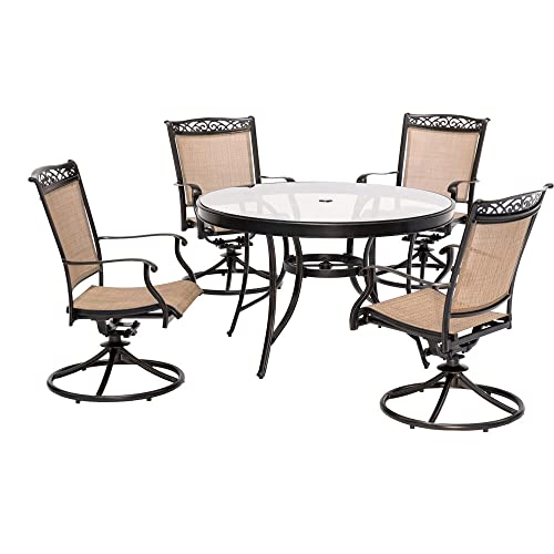 Hanover Fontana 5-Piece Outdoor Dining Set with Tan PVC Sling Rocker Chairs and Round Glass-Top Table Tan