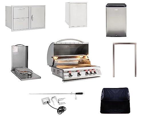 BLAZE BBQ Outdoor Gas Grill Package of 32” LTE Built-in Gas Grill, Dop-In Single Side Burner, 32” Door & Two Drawers Combo, Roll Out Double Trash Drawer, 20” Compact Refrigerator, and Accessories