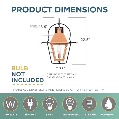 Quoizel Rue De Royal Charleston Outdoor Wall Lantern 22.5 Inch 1-Light Aged Copper