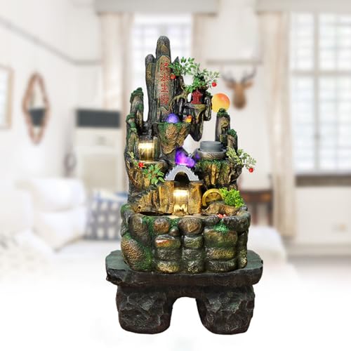 Mountain Waterfall Fountain with LED Lights and Oriental Accents – Indoor/Outdoor Zen Water Feature for Home, Garden, or Office Decor(7001+30019)