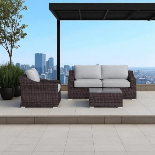 Homyee 4-Piece Outdoor Wicker Sectional Sofa Set with Glass-Topped Table and Washable Cushions for Backyard, Lawn, Patio Furniture Set with Aluminum Frame and Loveseat for Poolside