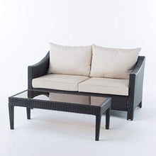GDFStudio Outdoor Wicker Loveseat & Table with Water Resistant Cushions Brown/Beige