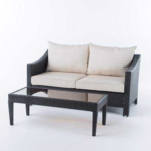 GDFStudio Outdoor Wicker Loveseat & Table with Water Resistant Cushions Brown/Beige