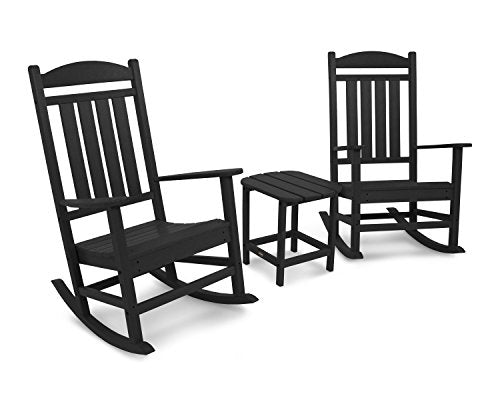 POLYWOOD Presidential 3-Piece Rocking Chair Set, Outdoor Patio Furniture, HDPE All-Weather Rockers with Side Table, Fade-Proof, Black