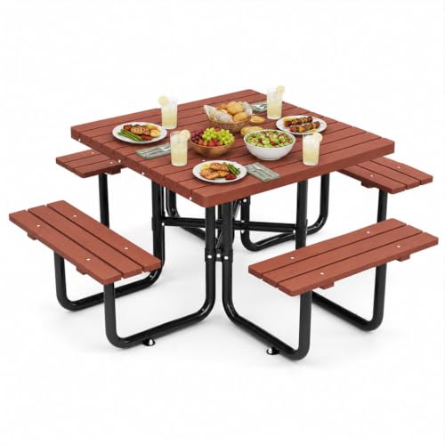 HOYOC Square Picnic Table, Heavy Duty Outdoor Dining Table with Built-in Benches, Solid Wood Metal Frame, 882 lbs Capacity, 8 Person Picnic Table for Backyard Patio Park