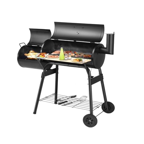RENJJPBO Barrel Charcoal Grill with Offset Smoker, Wheels for Easy Rolling, and Table for Small Patio Backyards