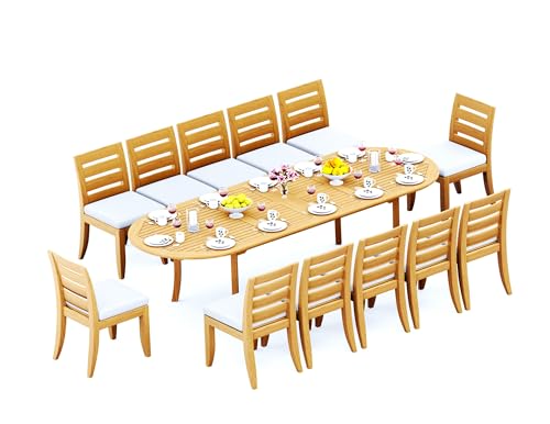 TeakStation 12 Seater Grade-A Teak Wood 13 Pc Dining Set: 118" Double Extension Oval Table and 12 Atnas Armless Chairs #31AT2600